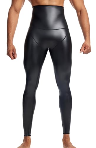 Ausing Leder Hosen Enge Herren Lederhose Hohe Taille Shapewear Leggings Kunstlederhosen Casual Stretch Nachtwäsche Club Halloween Disco Bekleidungset Schwarz L von Ausing