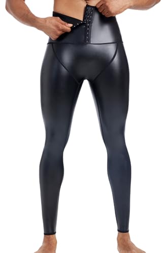 Ausing Leder Hosen Enge Herren Lederhose Hohe Taille Shapewear Leggings Kunstlederhosen Casual Stretch Nachtwäsche Club Halloween Disco Bekleidungset Schwarz L von Ausing