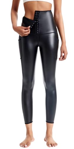Ausing Lederleggings Push Up Damen Slim Fit Hose Leder Shapewear Leggings mit Taschen Lederhose Hohe Taille Wetlook Schwarz S von Ausing