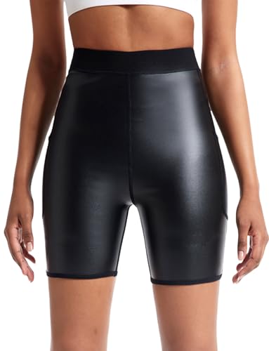 Ausing Lederoptik PU Hose Kurz Damen Ledershorts mit Taschen Kunstleder Hotpants Hohe Taille Nachtwäsche Club Halloween Disco Bekleidungset Schwarz 4XL von Ausing