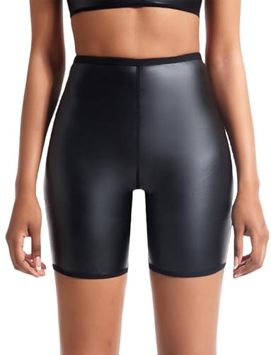 Ausing Ledershorts Damen Kurze Leder Short Hohe Taille Lederoptik PU Hose Kurz Damen Festival Rave Pole Dance Outfit Clubwear Schwarz 2XL von Ausing