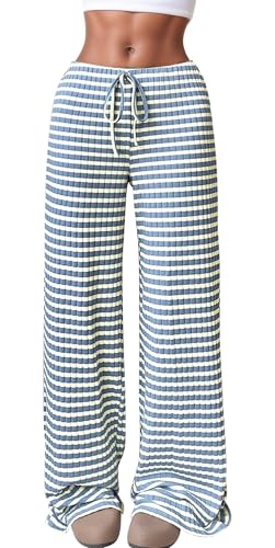 Ausing Lose gestreifte Pyjamahose für Frauen Breites Bein Herbst Gestreifte gerippte Jogginghose für Yoga Lounge Freizeitkleidung von Ausing