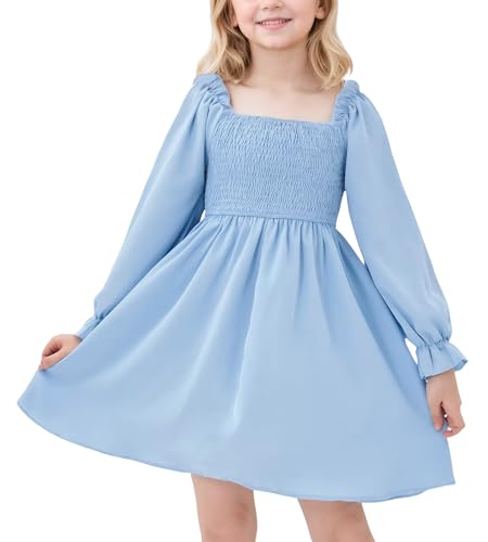 Ausing Mädchen Kleid Süßes Langarm Quadratischer Hals Puffärmeln Freizeitkleid für Kinder Elegant Hellblau 140 von Ausing
