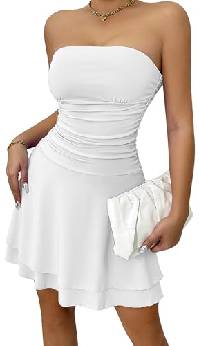 Ausing Mini Kleider Damen Kurz Sexy Bandeau Schulterfrei Kleid Off Shoulder Figurbetont Plissee Bodycon Kleid Party Club Elegant Cocktailkleider Rückenfrei Trägerloses Abendkleid Clubwear Weiß S von Ausing