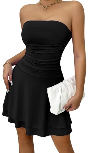 Ausing Mini Kleider Damen Kurz Sexy Bandeau Schulterfrei Kleid Off Shoulder Figurbetont Plissee Bodycon Kleid Party Club Elegant mit Rüschen Cocktailkleider Rückenfrei Abendkleid Clubwear Schwarz M von Ausing