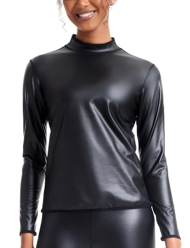 Ausing Oberteile Damen Slim Fit Leder Bluse Metallic Langarmshirts mit Halb Kragen Sexy T-Shirt Langarm Leder Wetlook Clubwear Halloween Disco Bekleidungset Schwarz L Ausing Oberteile Damen Slim Fit Leder Bluse Metallic Langarmshirts mit Halb Kragen Sexy T-Shirt Langarm Leder Wetlook Clubwear Halloween Disco Bekleidungset Schwarz L von Ausing