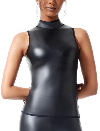 Ausing Oberteile Sexy Ärmellos Damen Latex T-Shirt mit Halb Kragen Tank Top Wetlook Clubwear Halloween Disco Bekleidungset Schwarz 2XL Ausing Oberteile Sexy Ärmellos Damen Latex T-Shirt mit Halb Kragen Tank Top Wetlook Clubwear Halloween Disco Bekleidungset Schwarz 2XL von Ausing
