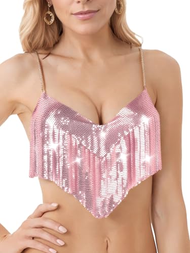 Ausing Pailletten Halfter BH für Frauen glänzend Fringe Festival Rave Crop Tanktops Glitzer Körperkette BH für Partynacht Halloween Rose Gold von Ausing
