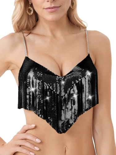 Ausing Pailletten Halfter BH für Frauen glänzendes Fringe Festival Rave Crop Tanktops Glitzer Körperkette BH für Partynacht Halloween Schwarz von Ausing