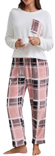 Ausing Schlafanzug Damen Winter Flanell Pyjama Set Warmer Nachtwäsche Pyjamas Set Loungewear Freizeitanzug Zweiteilige Oberteile Und HosenM von Ausing