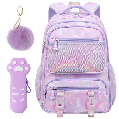 Ausing Schultasche mit Regenbogenmuster Leichter Wasserdichter Schulrucksack für Mädchen Robuster Atmungsaktiver Kinderrucksack mit Anhänger Schultornister mit Großem Fassungsvermögen Lila von Ausing