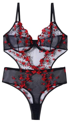 Ausing Schwarzer Blumen Dessous Bodysuit für Frauen Einteiliges Mesh Sheer Babydoll Dessous Tops Besticktes Freches Nachthemd von Ausing