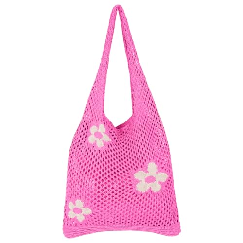 Ausing Strandtasche Damen Gehäkelte Tragetasche Strandtasche Hohles Design Handgeweb Rosa von Ausing