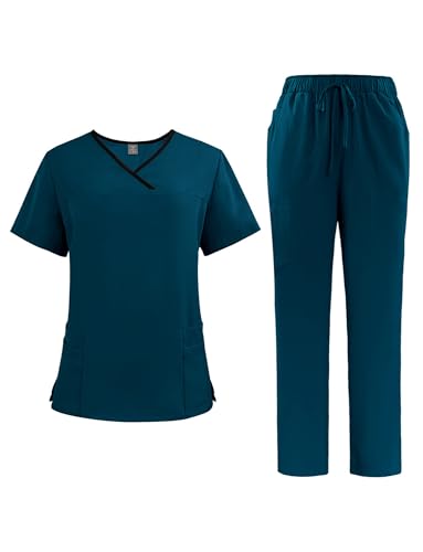 Ausing Unisex-Schrubb-Set Damen Herren Schlupfkasack + Schlupfhose Set Krankenschwester Arbeitskleidung Set Waschbar Karibik Blau L von Ausing