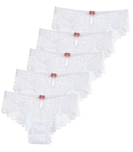 Unterhosen Damen Slips mit Spitze Panties Atmungsaktiver Hipster Unterwäsche Weiche Bequeme 5er Pack Weiß*5 M von Ausing