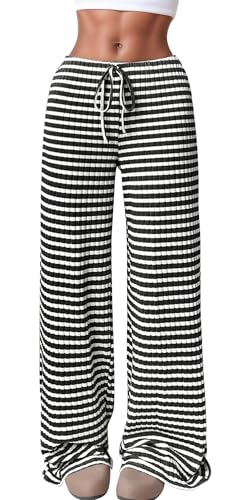 Ausing Weites Bein Schwarz-Weiß Gestreifte Hose für Frauen Elastische Herbst-Streifen-Lounge-Jogginghose Bequemer Pyjama Lockere Hose von Ausing