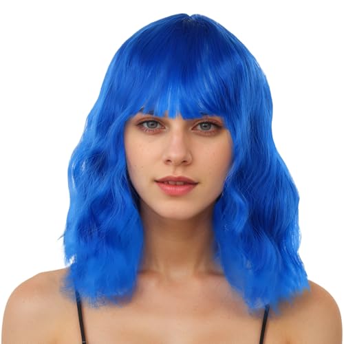 Blau Bob Perücken für Frauen Kurz gelockt gewellt Perücken mit Fransen Cosplay Punk Synthetik Perücke Damen Mädchen von Ausing