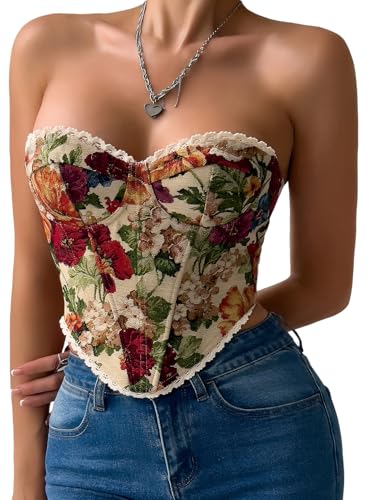 Blumen Überbrust Bustier Renaissance Mode Überbrust Korsett-Tops mit Knochen Schnürung Vintage Mieder Tops für Kostüm Clubwear von Ausing