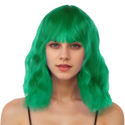 Bob Perücken für Frauen Kurz gelockt gewellt Perücken mit Fransen Party Mädchen Cosplay Party Täglicher Gebrauch Grün von Ausing