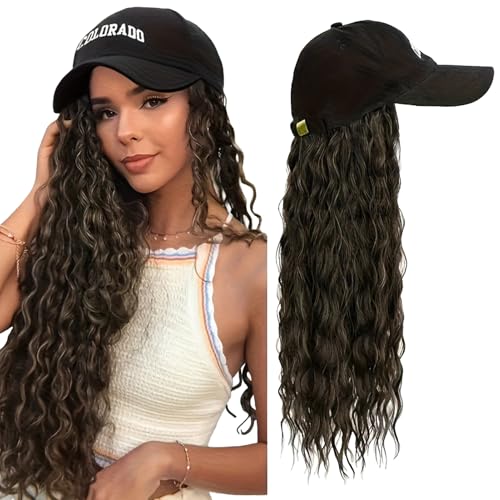 Braune Perückenmütze Lange lockige gewellte Haarteile Schwarze Baseballkappe Natürlich aussehende synthetische Perücken von Ausing