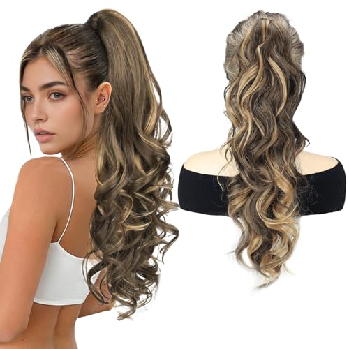 Curly Wavy Lange Haarteile Damen Pferdeschwanz Haarverlängerung mit Clips Ombre Hellbraun Blond von Ausing
