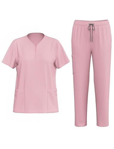 Damen Scrub Set Krankenpflege Outfits 2er Set Oberteil und Hose Tunika für Altenpflege, Pink, L von Ausing