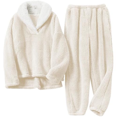 Flauschiges Damen-Loungewear-Set 2-teilige kuschelige Plüschhose mit Pullover für Winternachtwäsche Flauschiges warmes Oversize-Pyjama-Set von Ausing
