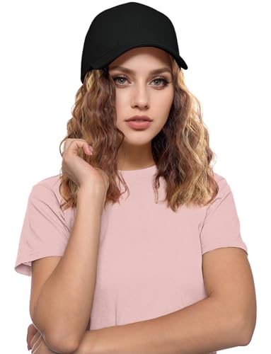 Mütze Perücken für Frauen Täglicher Gebrauch Kurze Curly Frizz Haarverlängerung mit Hut Wellenperücken Hellbraun von Ausing