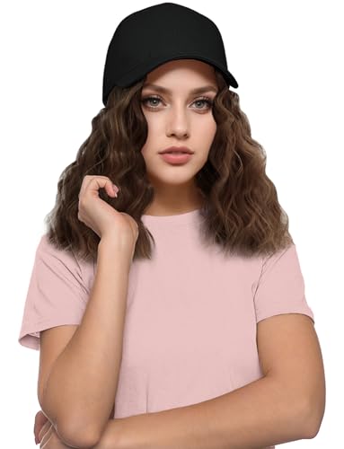 Perücke Mütze Hut mit Perücke kurze lockige Welle Perücken für Frauen 11.8 Inch/30cm Curly Frizz Haarteil, Braun von Ausing