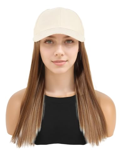 Perücken mit Hut Kombination Damen, lang Haar mit Einstellbare Sonnenschutzmütze, abnehmbarer Sommerhut von Ausing