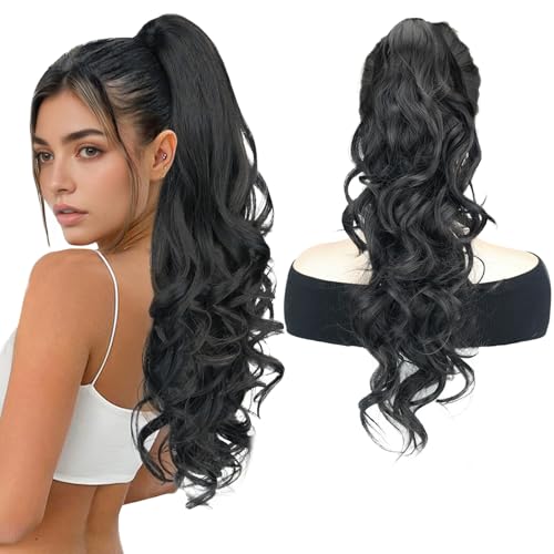 Pferdeschwanz Haarteil 24 Zoll Lange Curly Wavy Haarverlängerung mit Clips Schwarze Perücken für Frauen Mädchen von Ausing