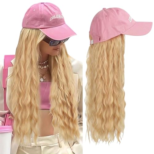 Rosa Baseballkappe mit blonden Perücken Lange lockige Wollrollperückenkappe Für den täglichen Gebrauch Gewelltes Haarteil von Ausing