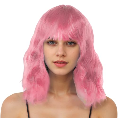 Rosa Bob Perücken Damen Kurz gelockt gewellt Bob Perücken Mädchen Lolita Cosplay Synthetik Perücke von Ausing