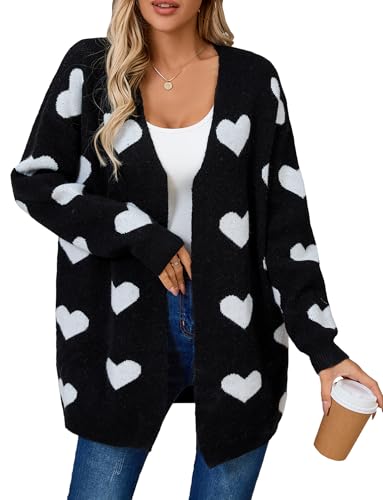 Strickjacke Oversized Langarm V-Ausschnitt mit Knöpfe Open Front Elegant Casual Kurz Cardigan Strick Freizeitkleidung Schwarz L von Ausing
