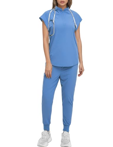 Unisex Scrub Set Leichtes atmungsaktives Cape Ärmel Tunika Hose 2 Stück Set Medizinische Uniform SPA, Hellblau L von Ausing
