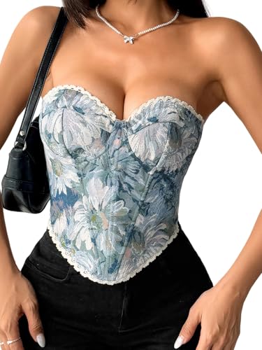 Vintage Blaue Korsett-Tops für Frauen Renaissance Schnürung Dessous Bustier Tops Blumen Knochen Überbrust Kostüm Mieder Tops von Ausing