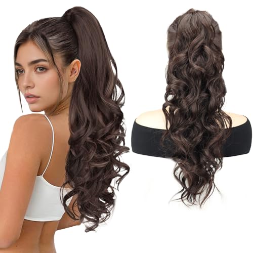 Wavy Pferdeschwanzverlängerung mit Clips 60 cm Clip in Pferdeschwanz Haarteil für Frauen Curly Dark Chocolate Braun von Ausing