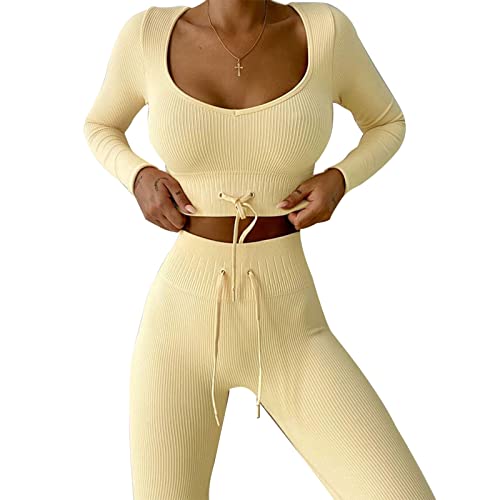 Ausla 2-teiliges Damen-Langarm-Trainingsset, Nahtloses Oberteil mit Kordelzug, Gerippte Leggings mit Hoher Taille, Lässiges Outfit, Trainingsanzug(32cm Length-Gelb) von Ausla