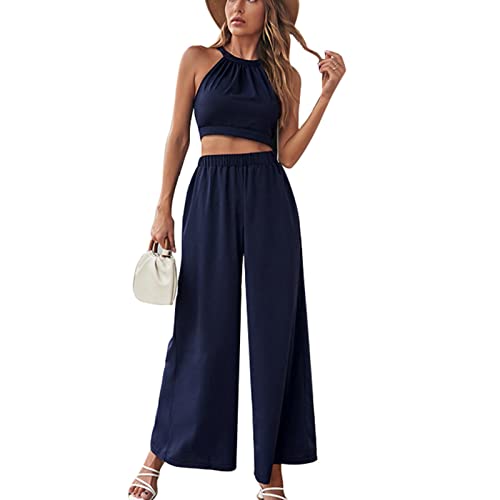 Ausla Damen Outfit 2 Teiler Sommer Plissiertes Neckholder Crop Top Weitem Bein Hose Sets Camisole Hauseanzug Tank Tops(M) von Ausla