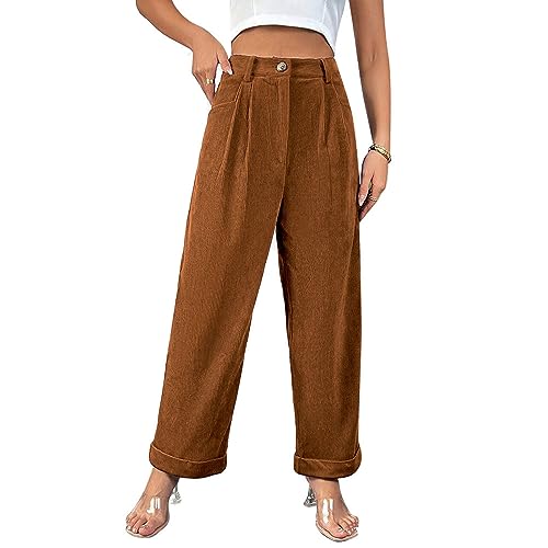 Ausla Cord-Retro-Hose für Damen, Lässig, Elastisch, Hohe Taille, Lockere Herbst-Arbeits- und Bürohose mit Taschen (M) von Ausla