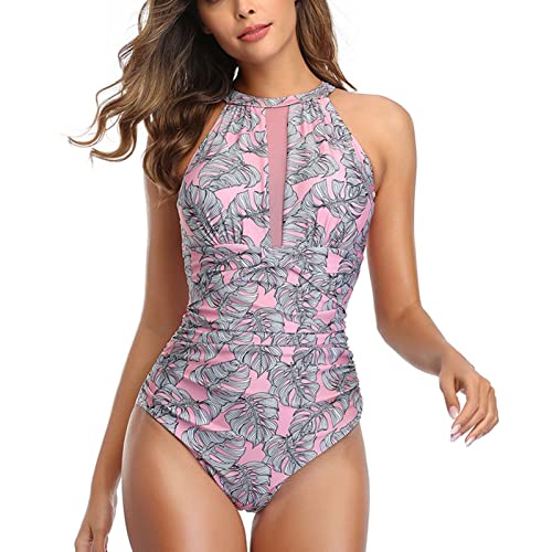 Ausla Damen Badeanzug Neckholder Bademoden Print Einteilige Tankini Swimsuits(L-Rosa) von Ausla