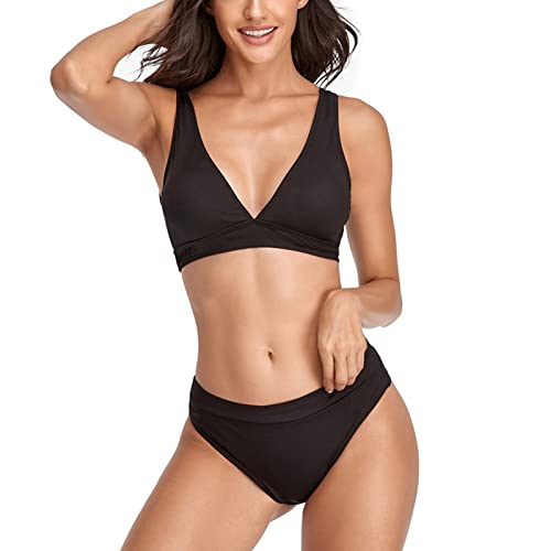 Ausla Damen Bikini Set Zweiteiliger Badeanzug Breiter Riemen Dreieck Triangel Bikini Swimsuit Low Rise Bademode (L-Schwarz) von Ausla