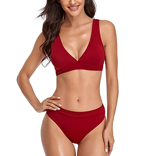 Ausla Damen Bikini Set Zweiteiliger Badeanzug Breiter Riemen Dreieck Triangel Bikini Swimsuit Low Rise Bademode (S-Weinrot) von Ausla