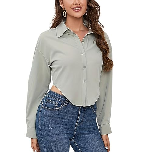 Ausla Damen-Bluse mit Knopfleiste und Abgerundetem Saum, Langärmeliges Hemd, Bluse mit Unregelmäßigem Saum, Bauchfreie Tops (XL) von Ausla