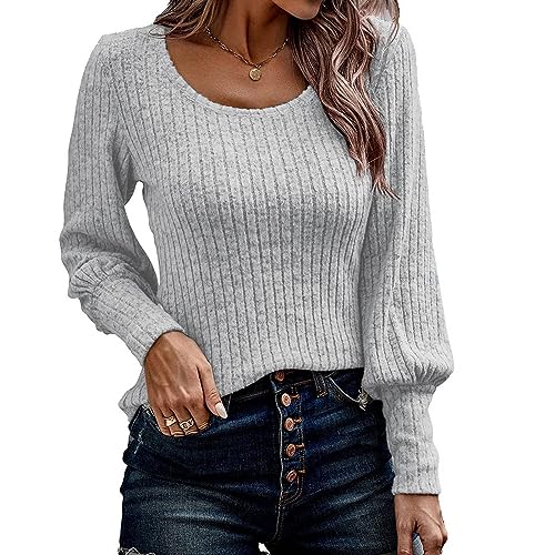 Ausla Damen-Bluse mit Langen Puffärmeln, Rundhalsausschnitt, Einfarbiges Pullover-Oberteil, Elastische Manschette, Geripptes, Lässiges, Lockeres Hemd (S) von Ausla