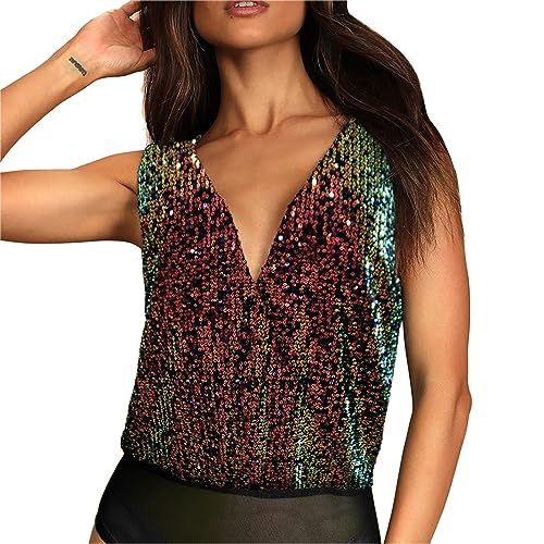 Ausla Damen-Body mit Glitzer-Pailletten, V-Ausschnitt, Tief Ausgeschnittenes Tank-Top mit Netz-Slip für Party, Club, Shopping, Urlaub (S) von Ausla