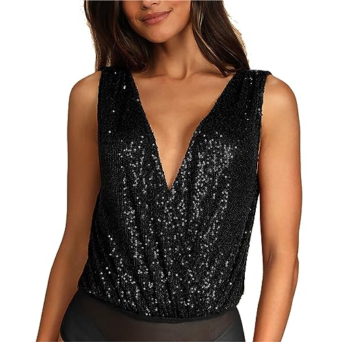 Ausla Damen-Body mit Glitzer-Pailletten, V-Ausschnitt, Tief Ausgeschnittenes Tank-Top mit Netz-Slip für Party, Club, Shopping, Urlaub (S) von Ausla