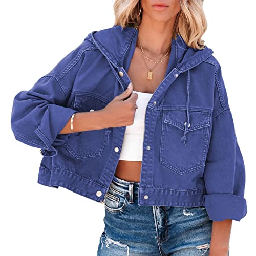 Ausla Damen Cardigan Leichte Button Down Übergangsjacke Kurze Oversized Jeansjacke mit Hut (S) von Ausla