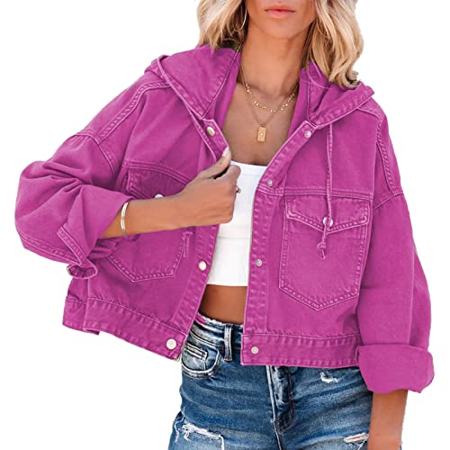 Ausla Damen Cardigan Leichte Button Down Übergangsjacke Kurze Oversized Jeansjacke mit Hut (S) von Ausla