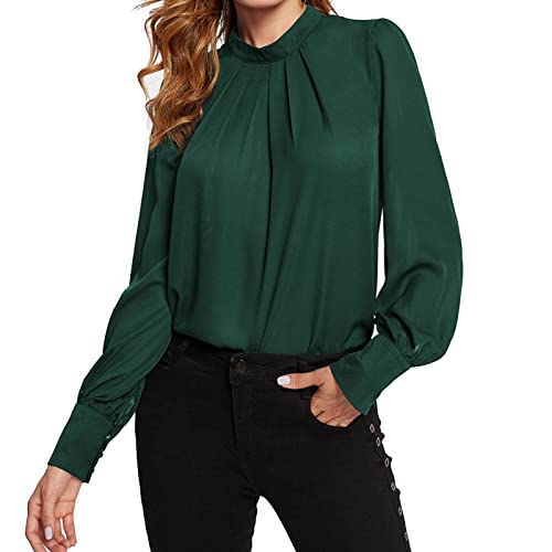 Ausla Damen-Chiffon-Bluse mit Stehkragen, Langarm, Elegantes, Lockeres Hemd, Plissiertes Oberteil, Damen, Einfarbig, Maschinenwaschbar(L-Grün) von Ausla